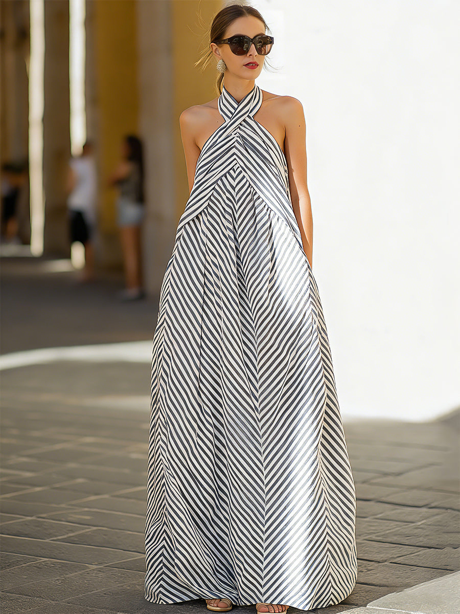 Women’s Striped Halter-Neck Maxi Dress