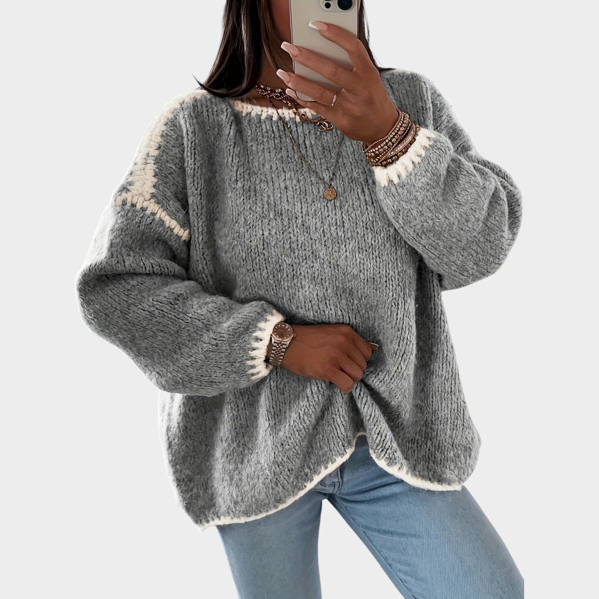 Women’s Contrast Boat-Neck Knit Sweater