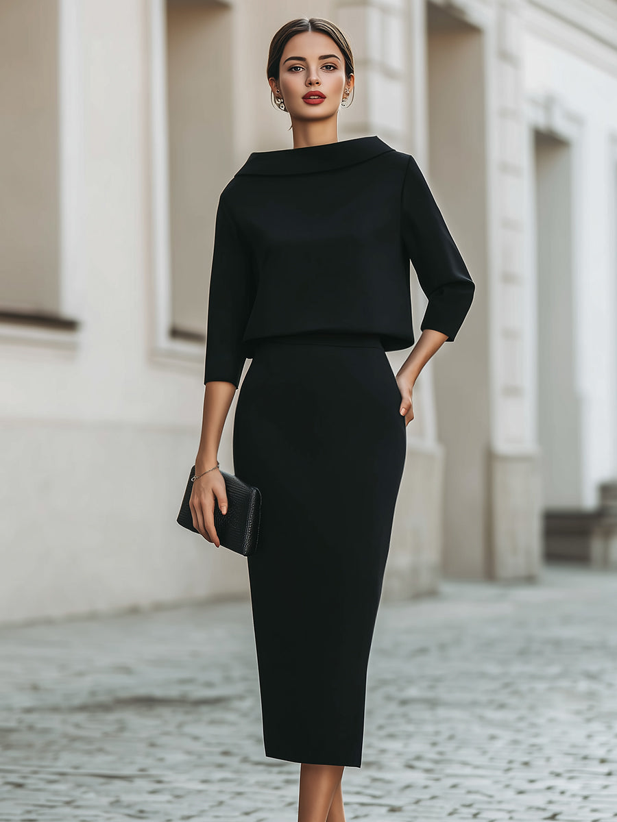 Women’s Boat Neck Top and Midi Skirt Set