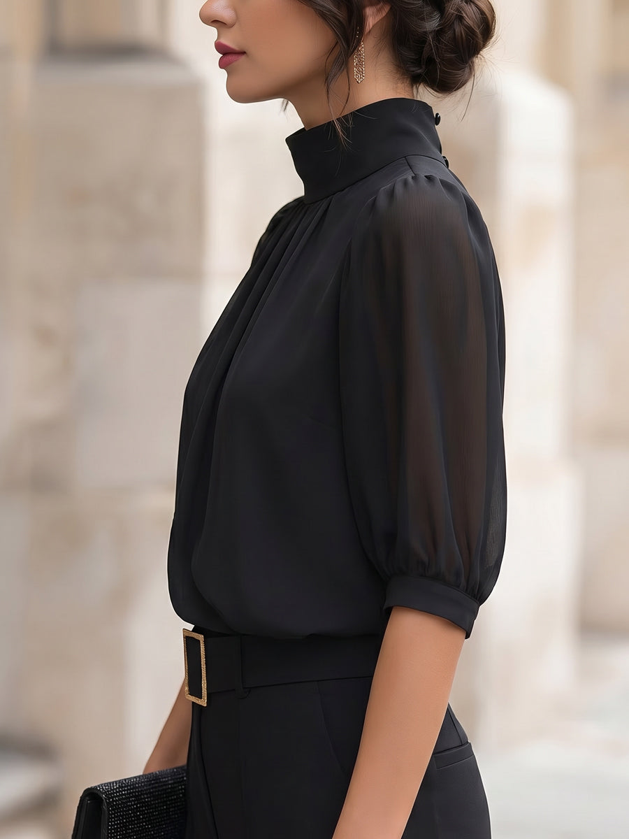 Women’s Mock-Neck Puff-Sleeve Blouse