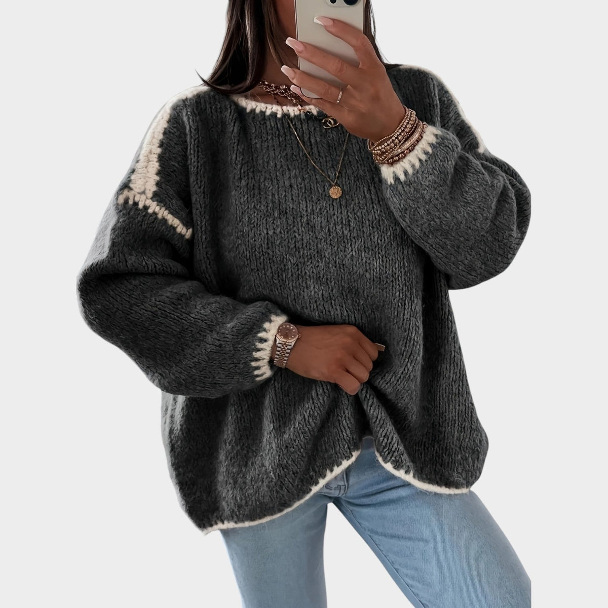 Women’s Contrast Boat-Neck Knit Sweater