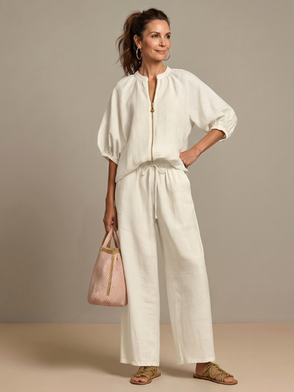 Women’s Zip-Front Top and Wide-Leg Pants Set