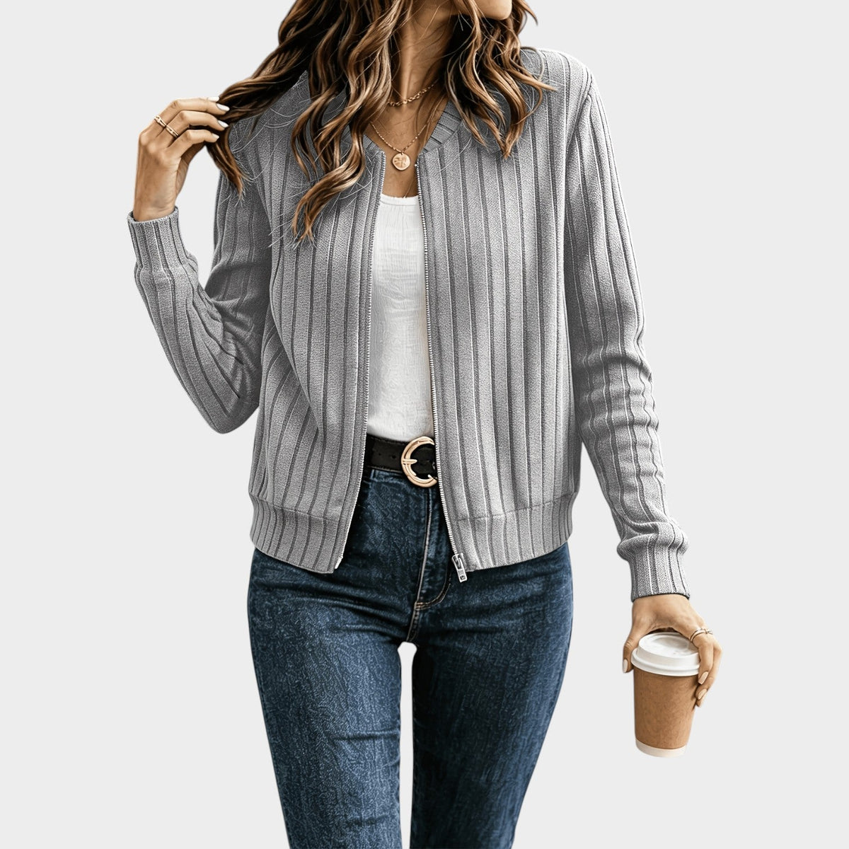 Women’s Rib-Knit Zip-Front Sweater Jacket