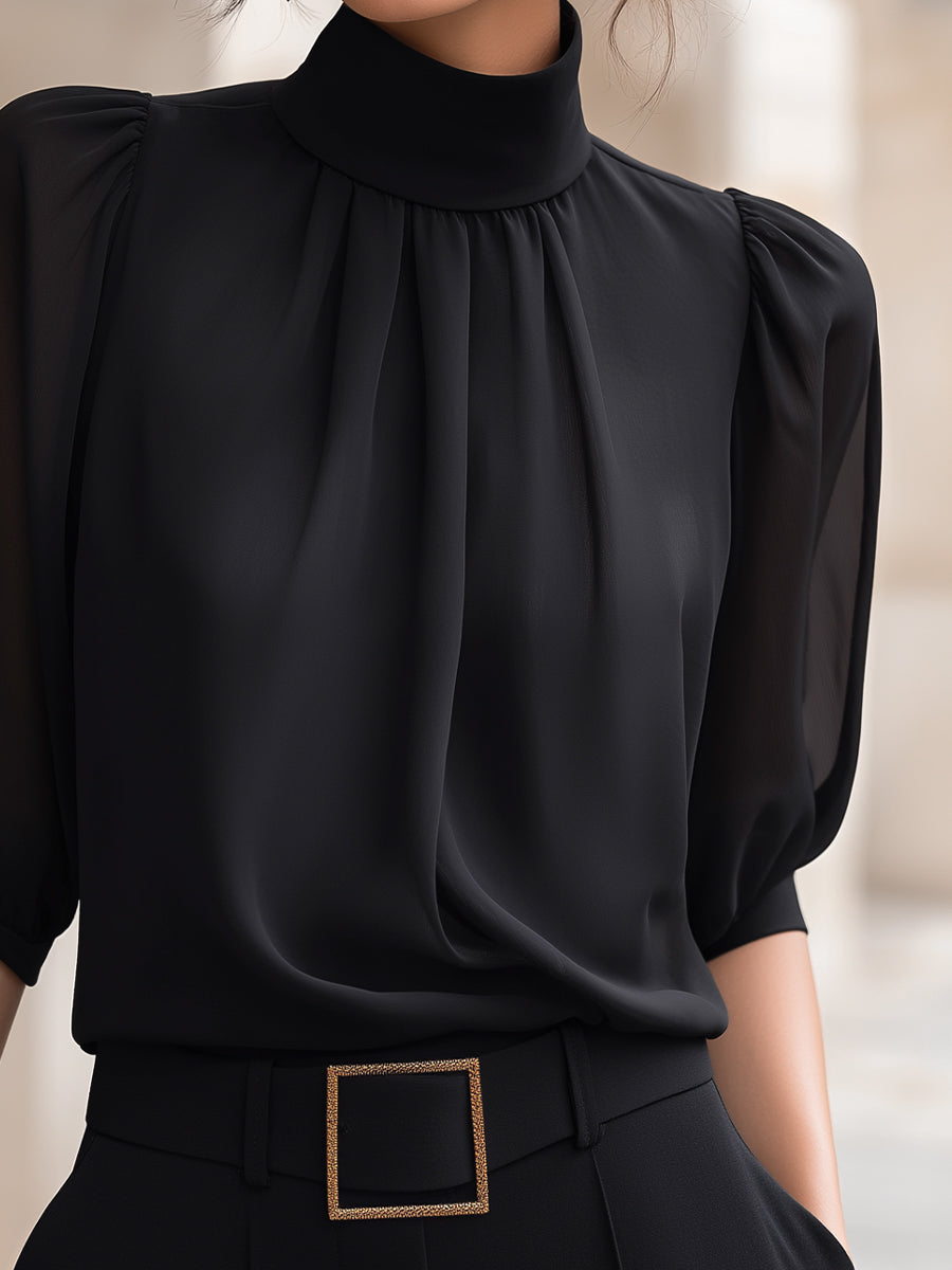 Women’s Mock-Neck Puff-Sleeve Blouse
