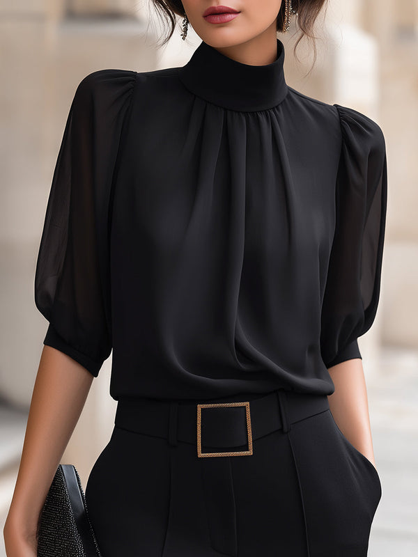Women’s Mock-Neck Puff-Sleeve Blouse