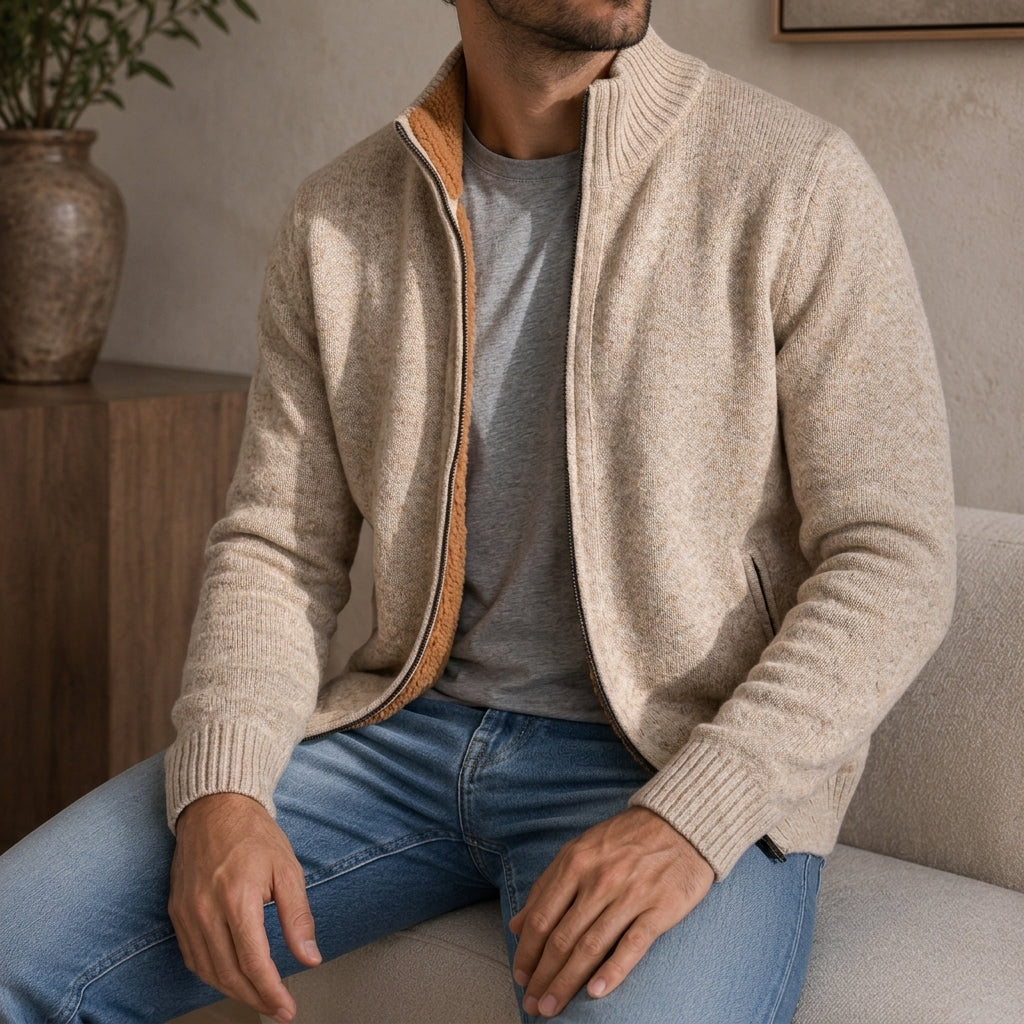 Men’s Zip-Front Sweater with Ribbed Cuffs