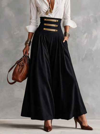 White Collar Shirt & High Waist Gold Button Skirt Two‑Piece Outfit