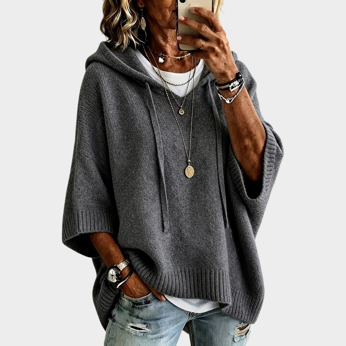 Women’s Hooded Knit Sweater with Batwing Sleeves