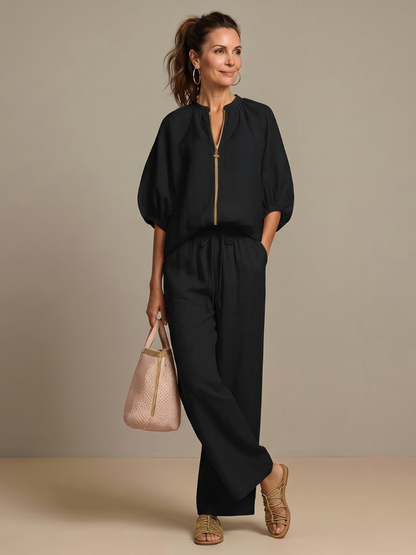 Women’s Zip-Front Top and Wide-Leg Pants Set