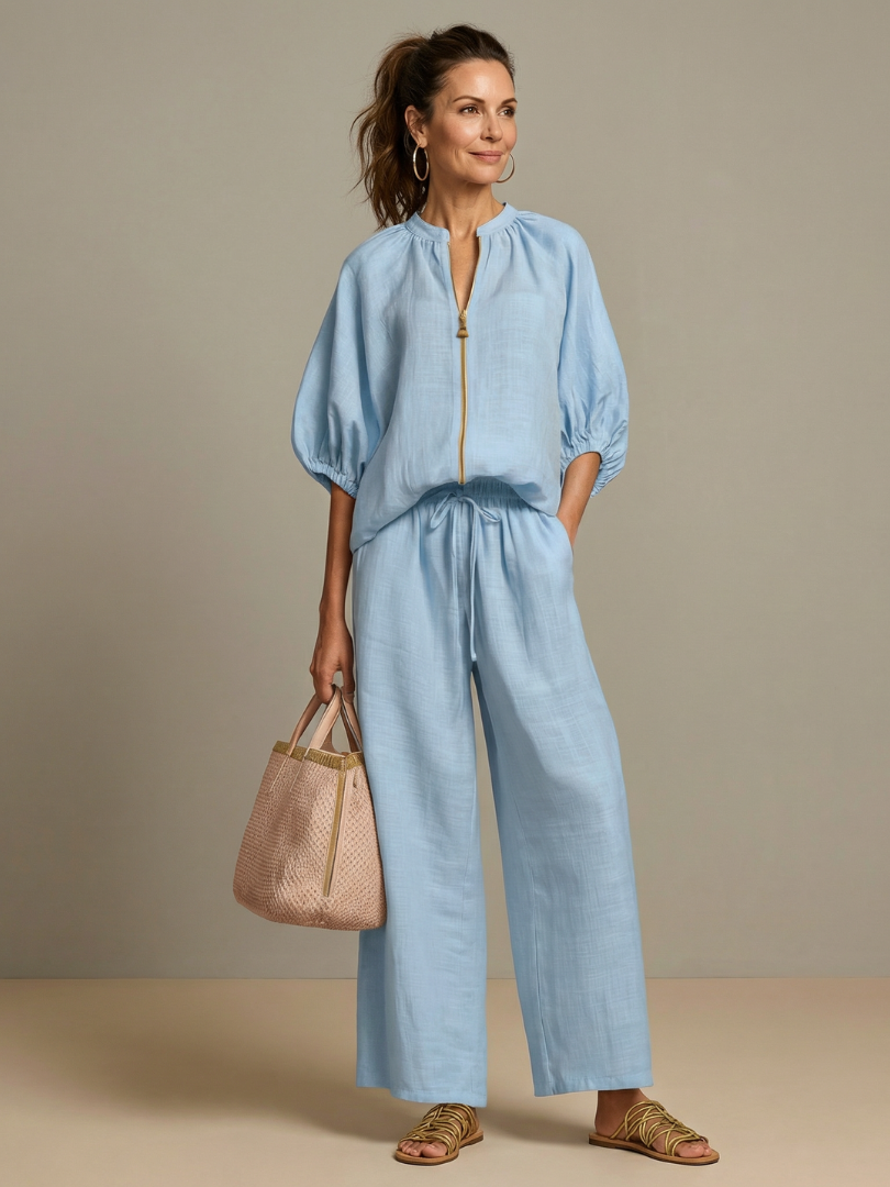 Women’s Zip-Front Top and Wide-Leg Pants Set