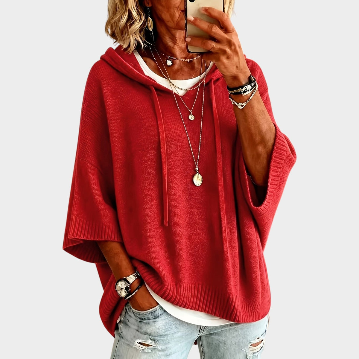 Women’s Hooded Knit Sweater with Batwing Sleeves