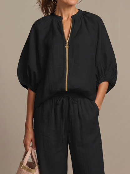 Women’s Zip-Front Top and Wide-Leg Pants Set