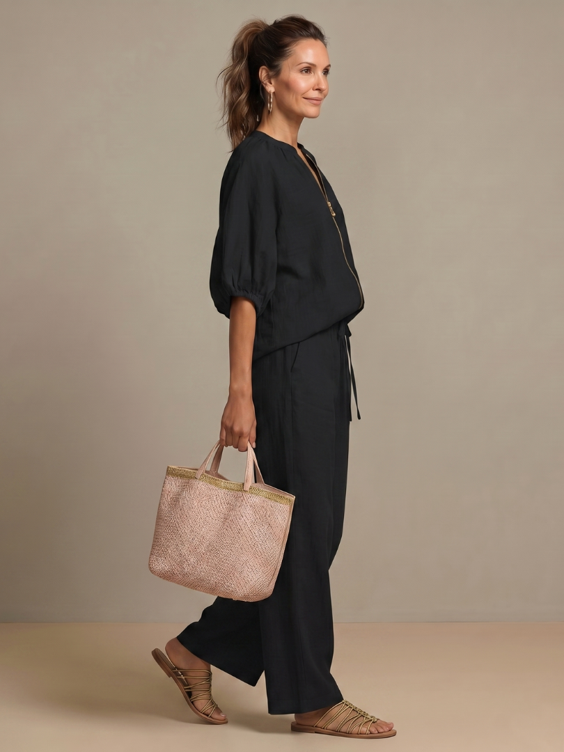 Women’s Zip-Front Top and Wide-Leg Pants Set