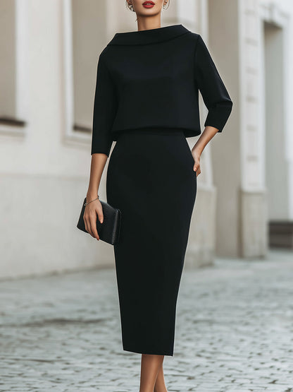 Women’s Boat Neck Top and Midi Skirt Set
