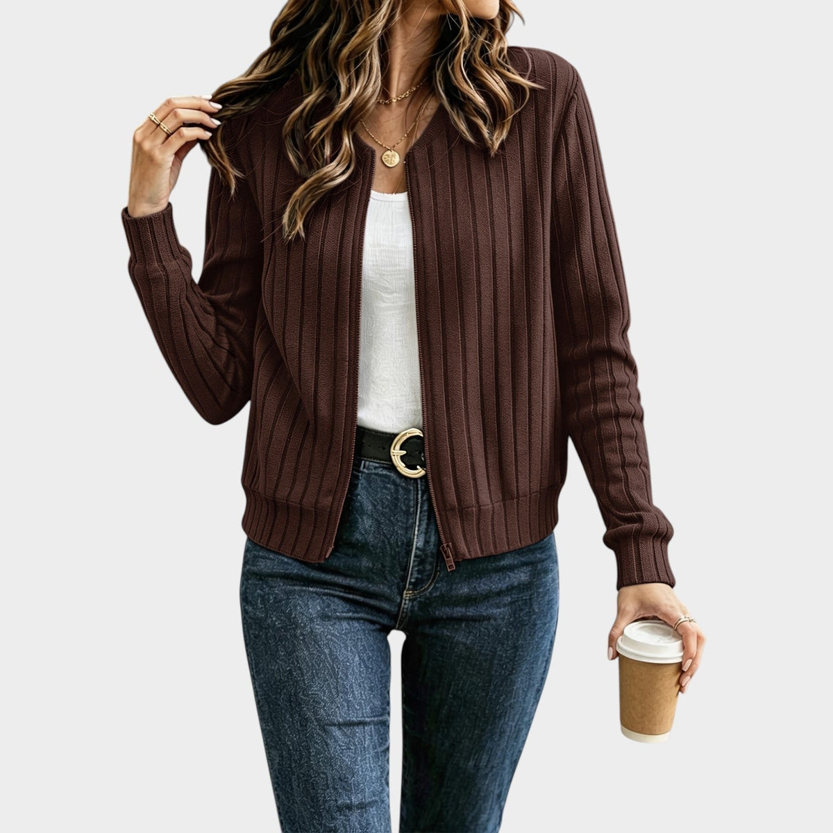 Women’s Rib-Knit Zip-Front Sweater Jacket