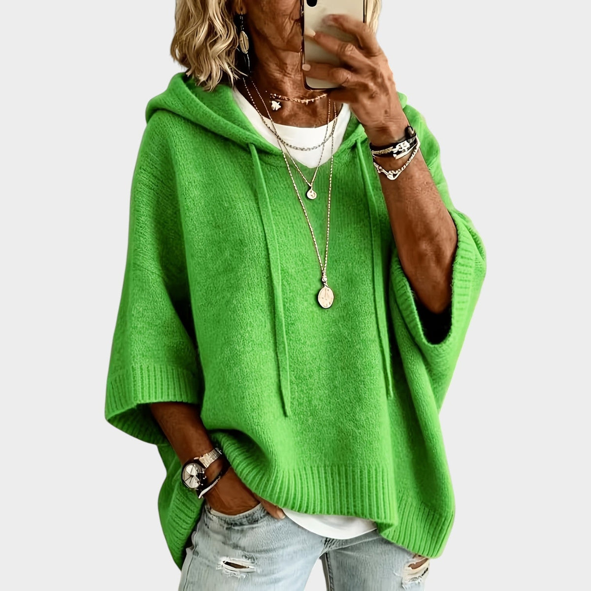 Women’s Hooded Knit Sweater with Batwing Sleeves