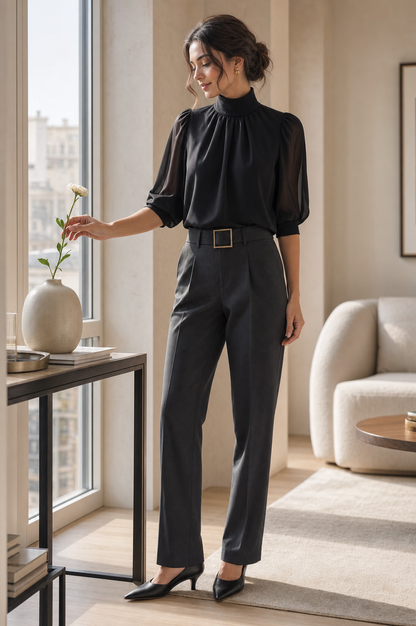 Women’s Mock-Neck Puff-Sleeve Blouse