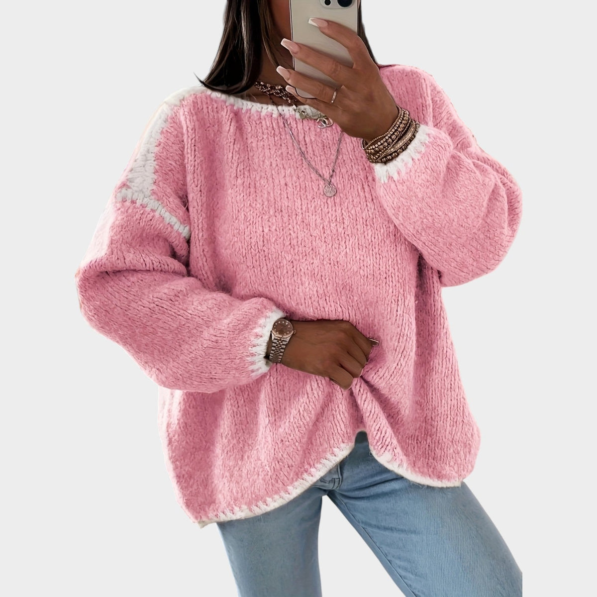 Women’s Contrast Boat-Neck Knit Sweater