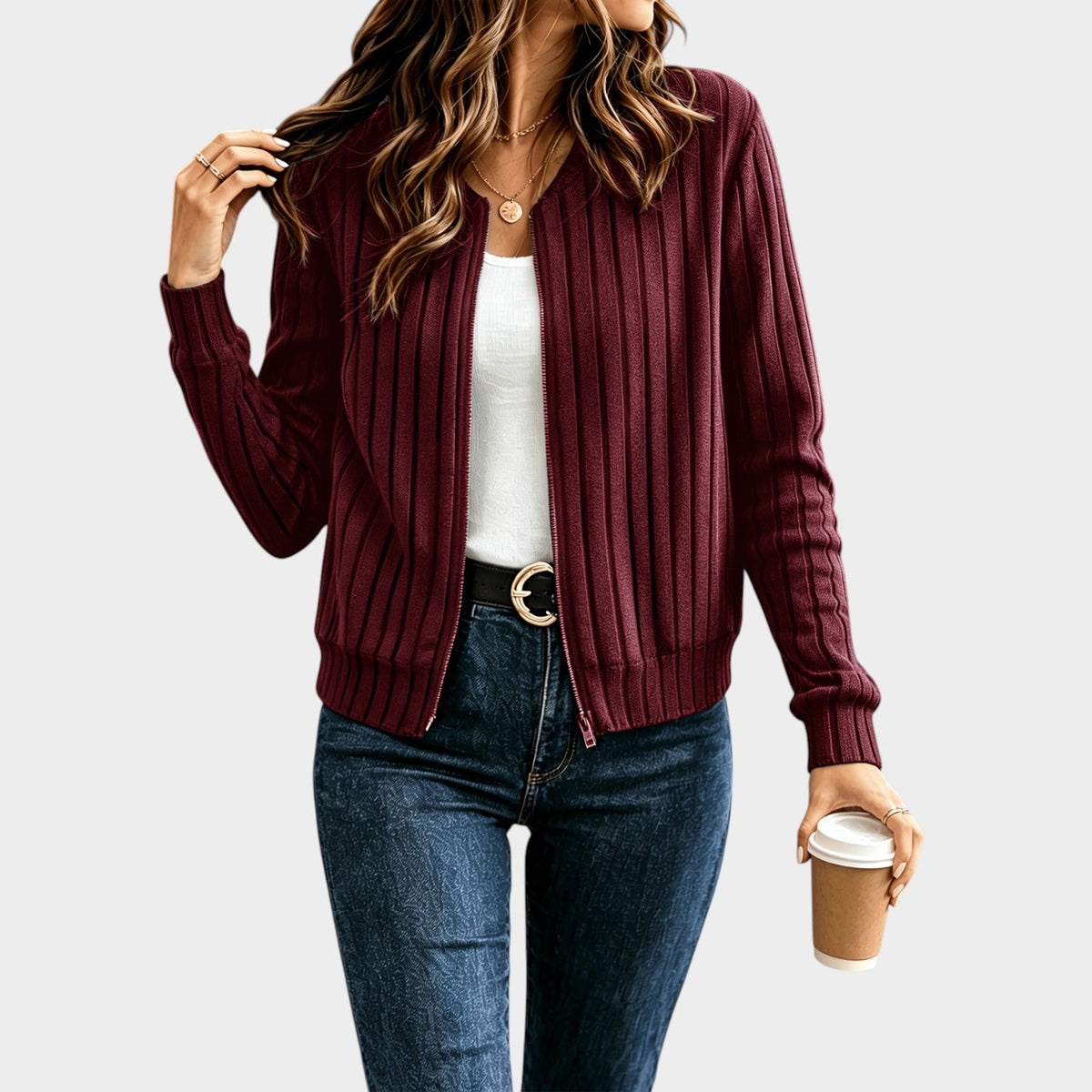 Women’s Rib-Knit Zip-Front Sweater Jacket