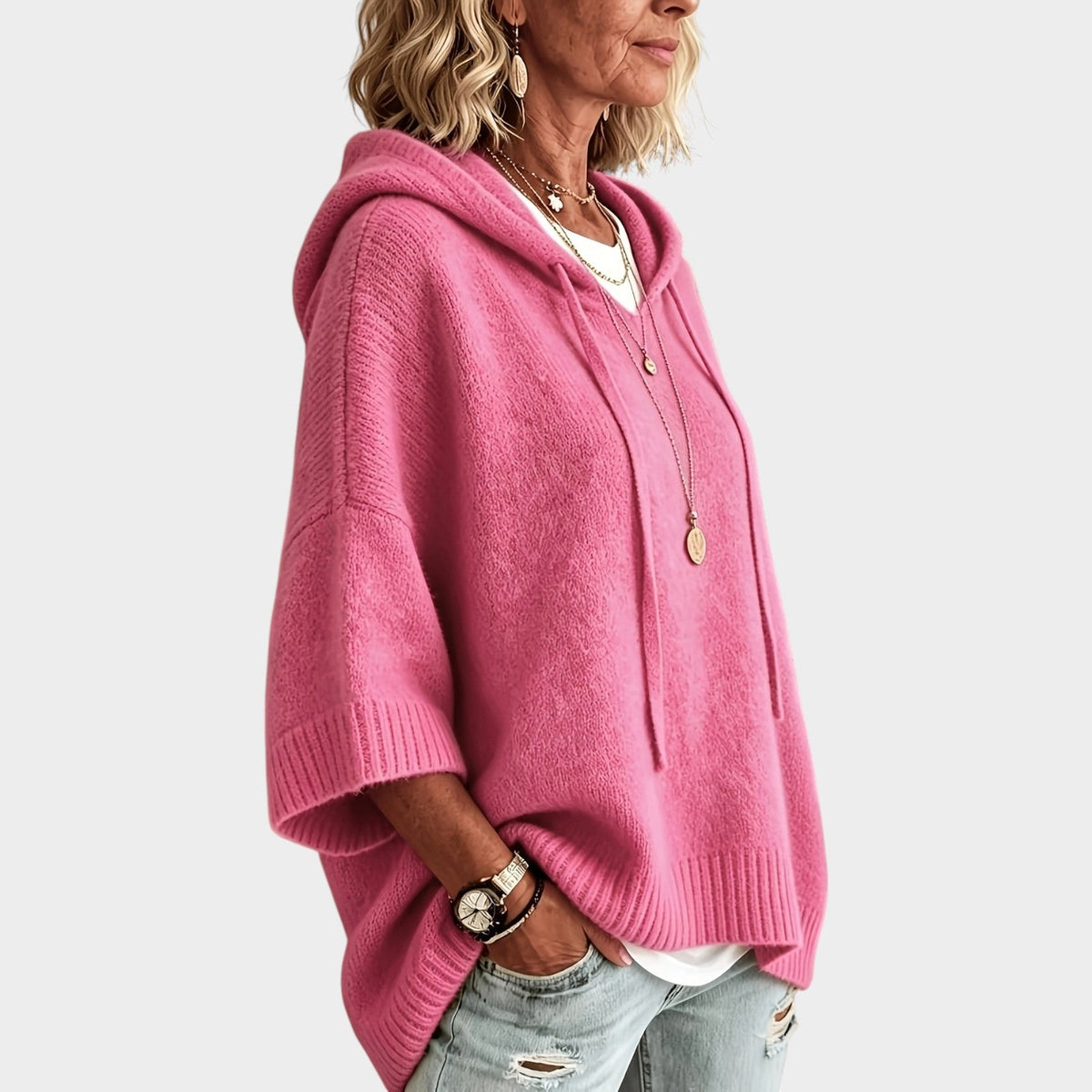 Women’s Hooded Knit Sweater with Batwing Sleeves