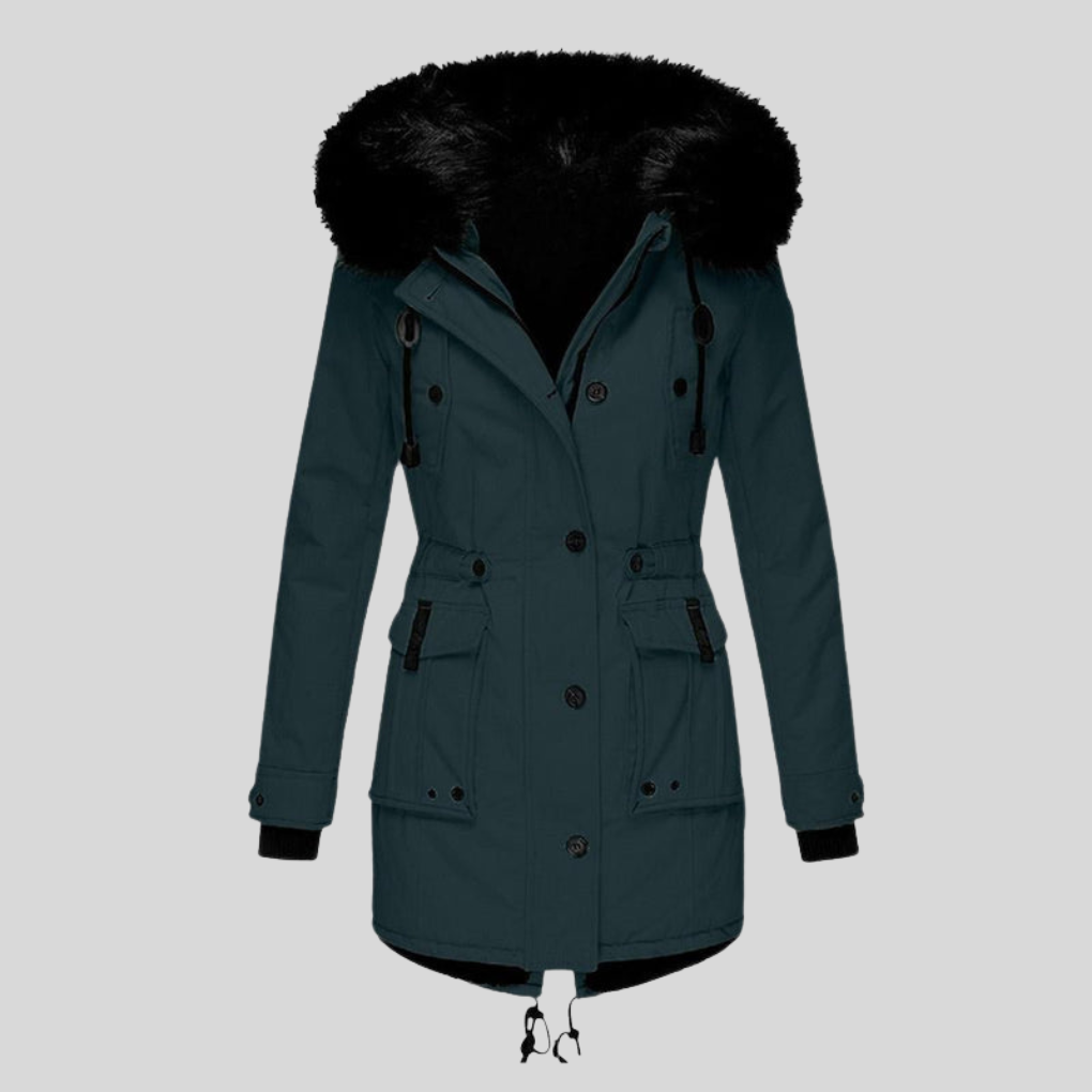 Women's Hooded Parka Coat with Faux Fur Trim Drawstring