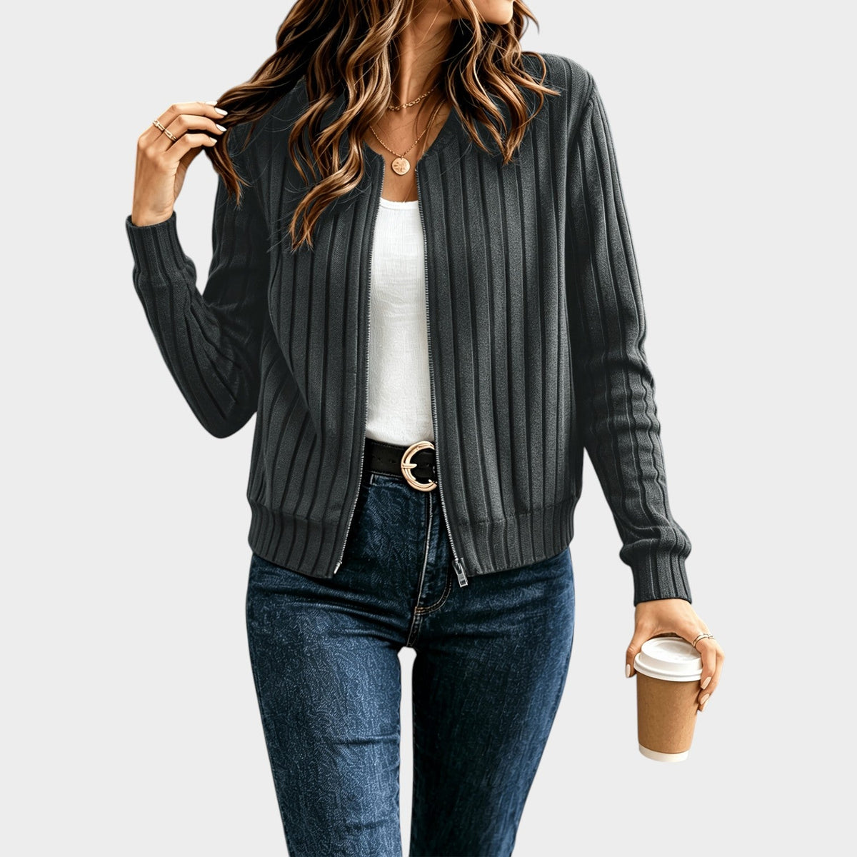 Women’s Rib-Knit Zip-Front Sweater Jacket