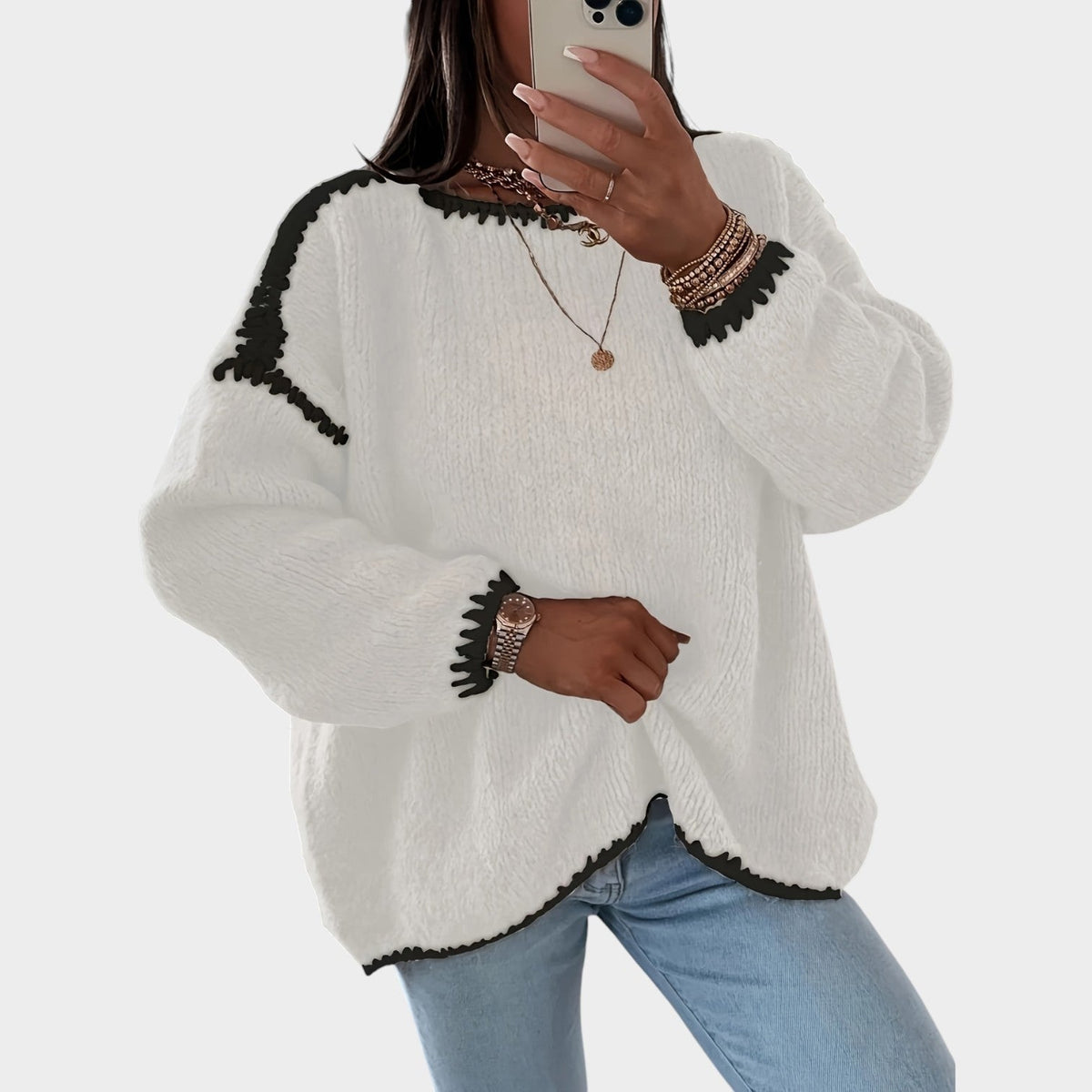 Women’s Contrast Boat-Neck Knit Sweater