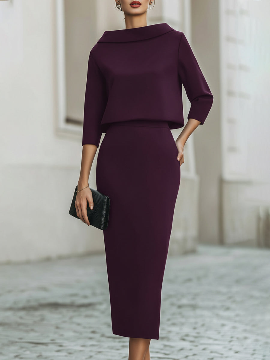Women’s Boat Neck Top and Midi Skirt Set