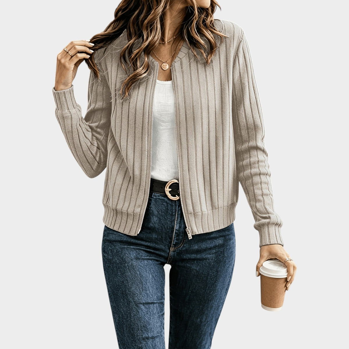 Women’s Rib-Knit Zip-Front Sweater Jacket