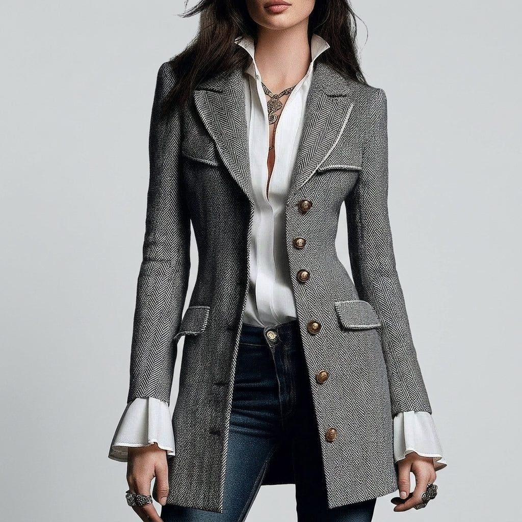 Women’s Herringbone Tailored Blazer with Contrast Piping