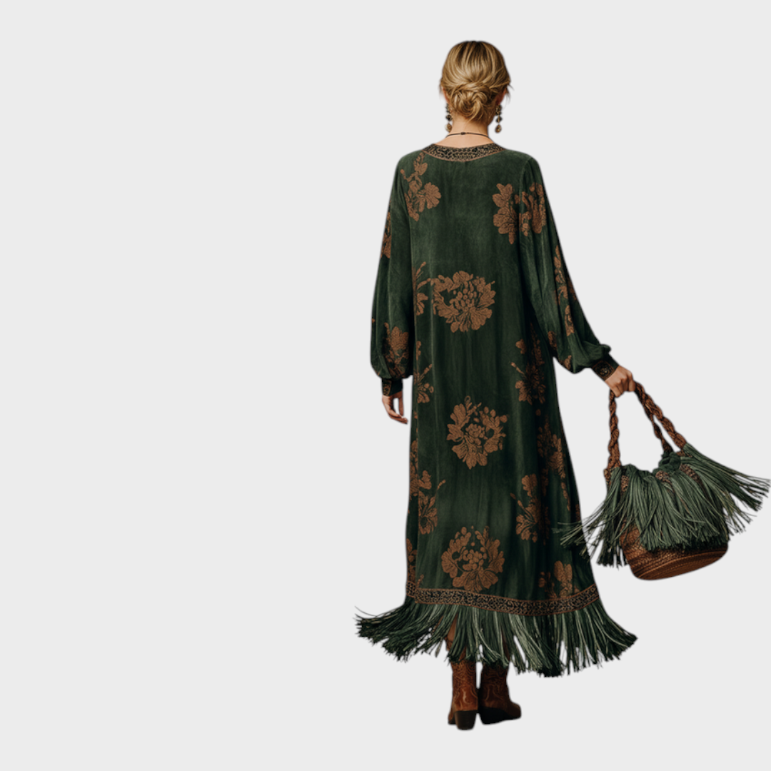 Women’s Retro Printed Faux Suede Maxi Dress