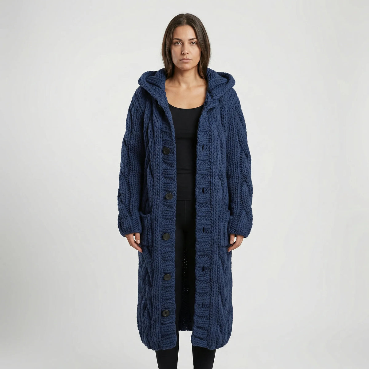 Women’s Long Hooded Cable-Knit Cardigan