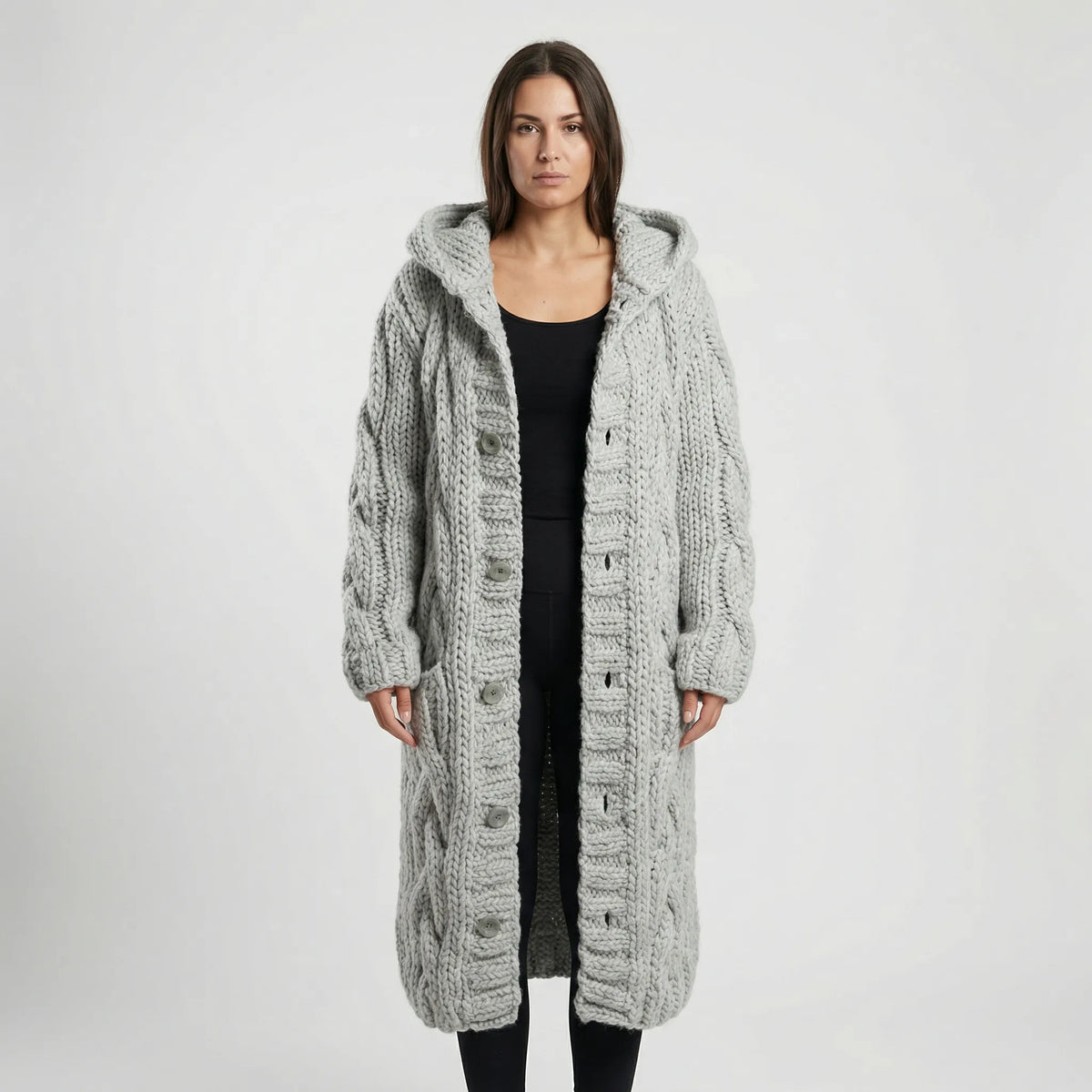 Women’s Long Hooded Cable-Knit Cardigan