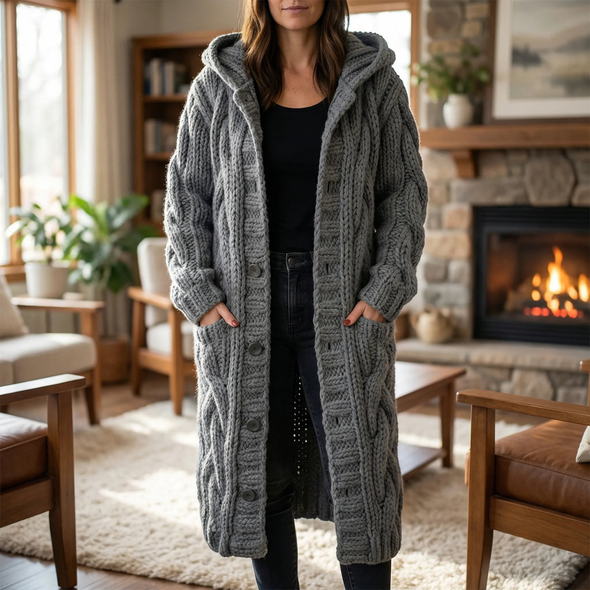 Women’s Long Hooded Cable-Knit Cardigan