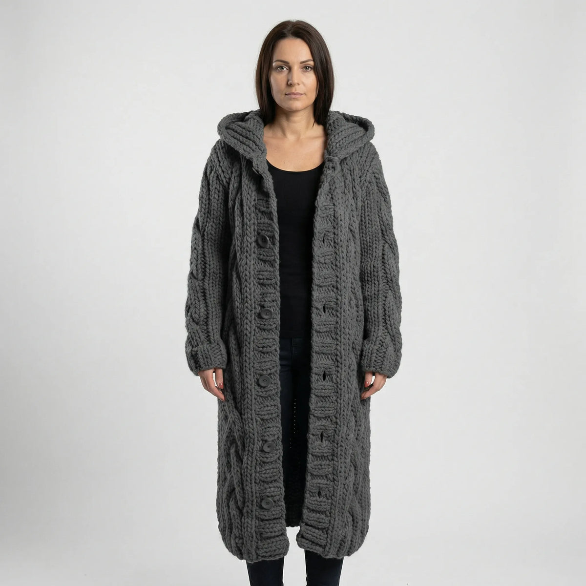 Women’s Long Hooded Cable-Knit Cardigan