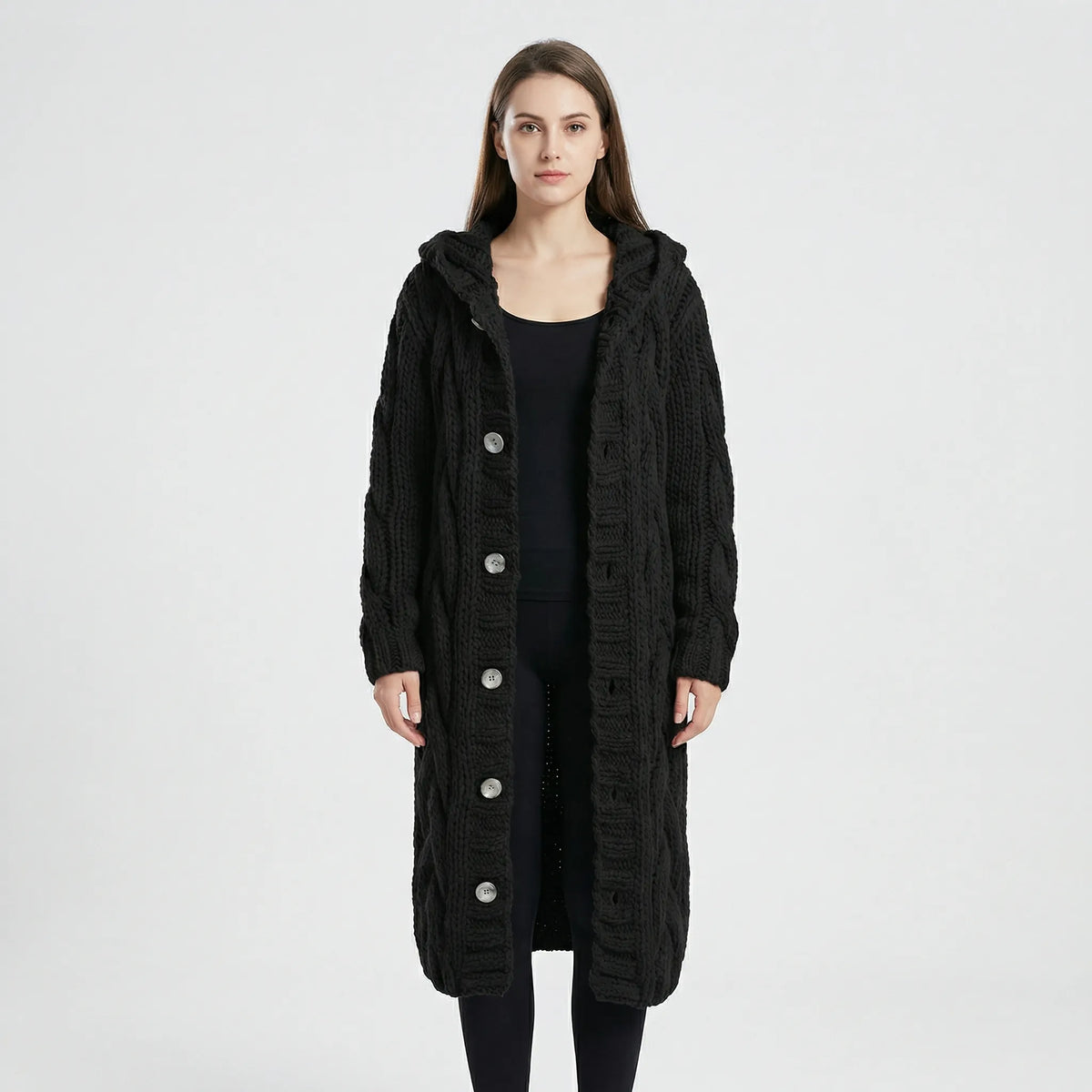 Women’s Long Hooded Cable-Knit Cardigan