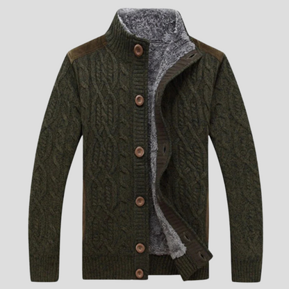 Men's Cable-Knit Cardigan with Plush Lining and Button Front