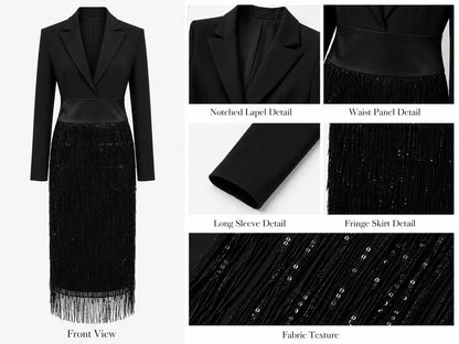 Black Blazer Bodice Sequin Fringe Midi Dress