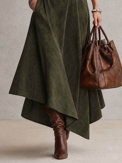 Olive Green Stretch Turtleneck Top And Asymmetrical Faux Suede Skirt Set (with belt)