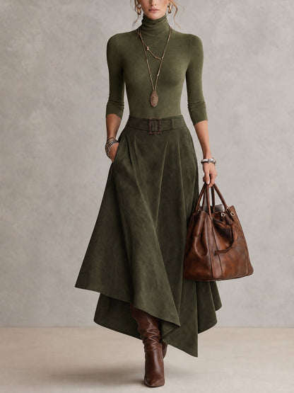 Olive Green Stretch Turtleneck Top And Asymmetrical Faux Suede Skirt Set (with belt)