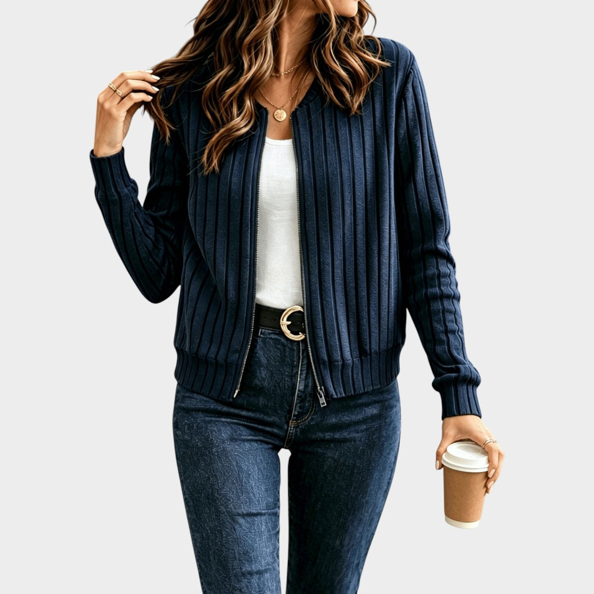 Women’s Rib-Knit Zip-Front Sweater Jacket