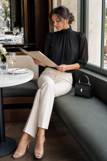 Women’s Mock-Neck Puff-Sleeve Blouse