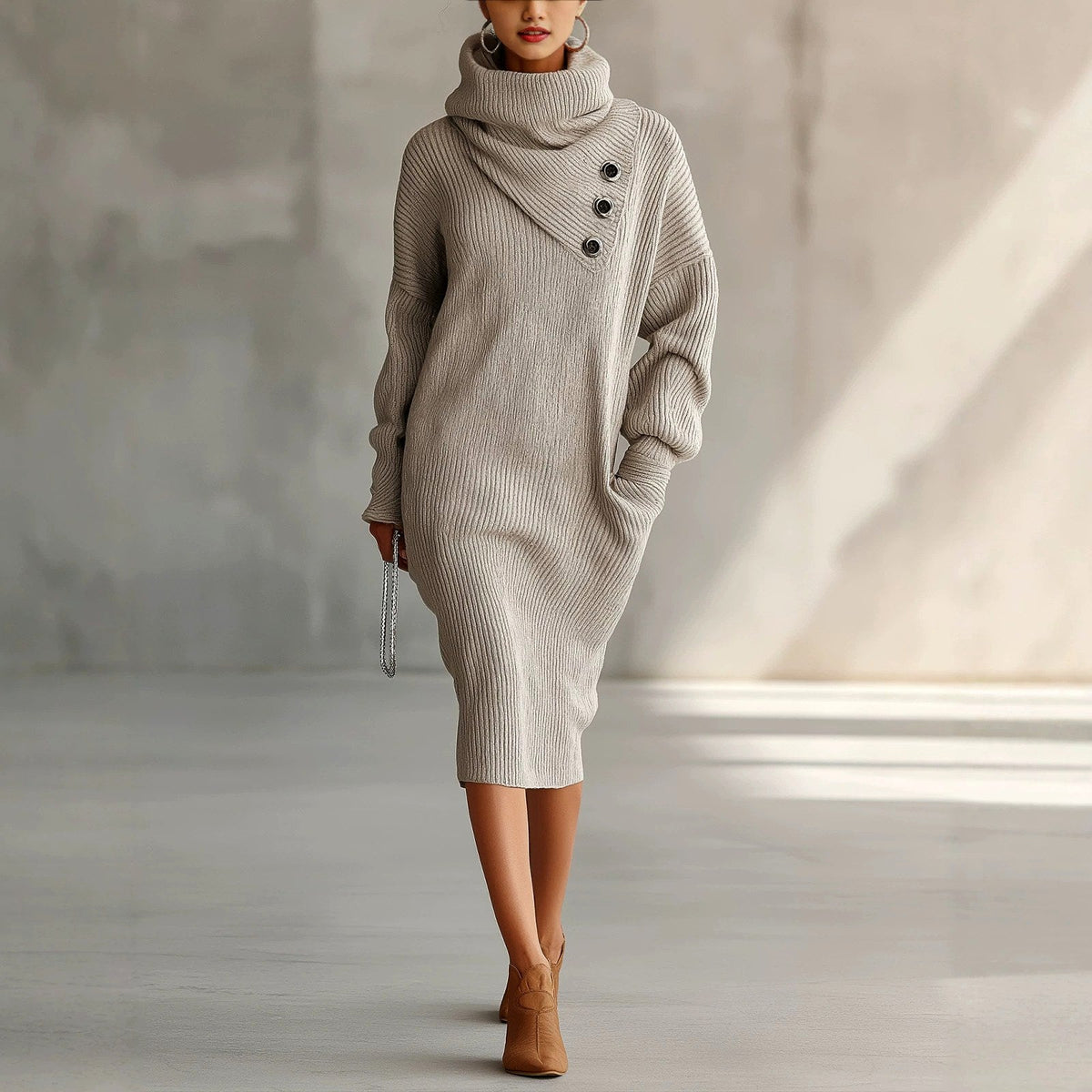 Women’s Ribbed Cowl-Neck Sweater Dress
