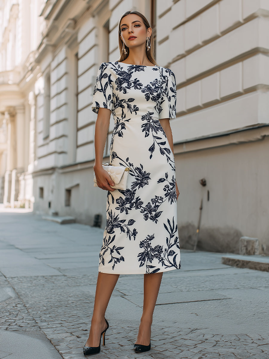 Women’s Botanical Print Short-Sleeve Midi Dress