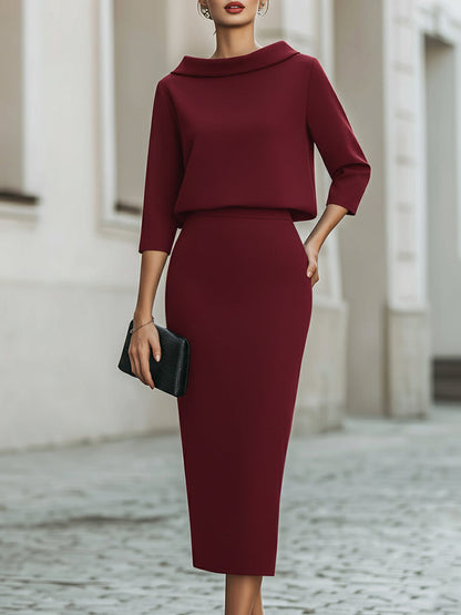 Women’s Boat Neck Top and Midi Skirt Set