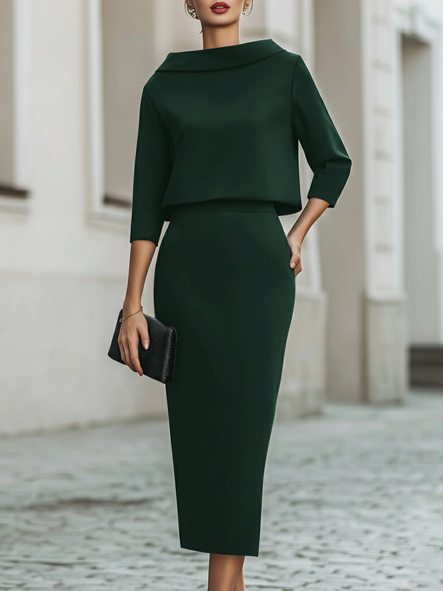 Women’s Boat Neck Top and Midi Skirt Set