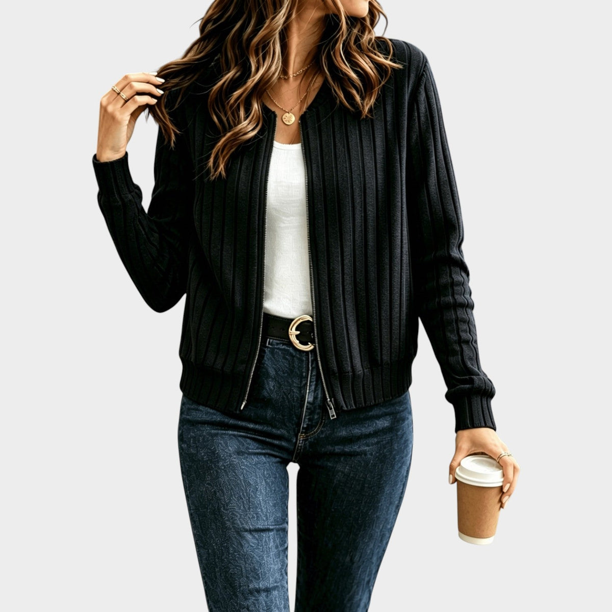 Women’s Rib-Knit Zip-Front Sweater Jacket