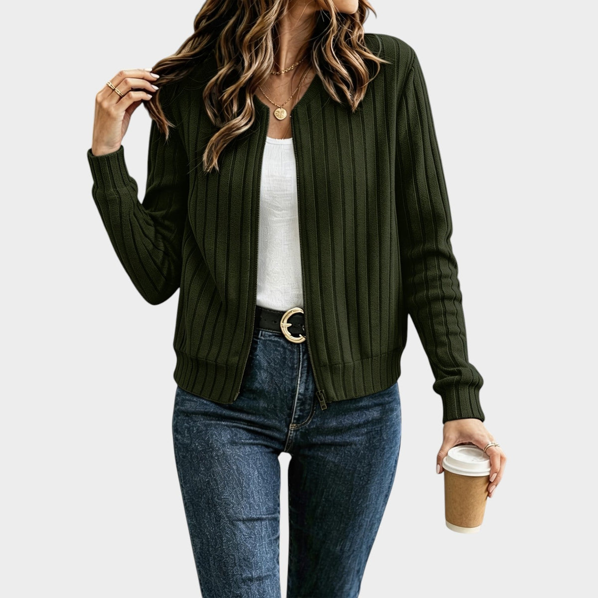 Women’s Rib-Knit Zip-Front Sweater Jacket