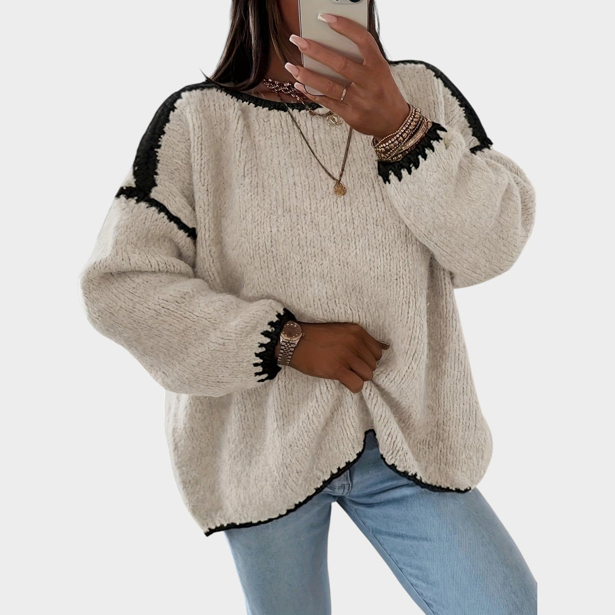 Women’s Contrast Boat-Neck Knit Sweater
