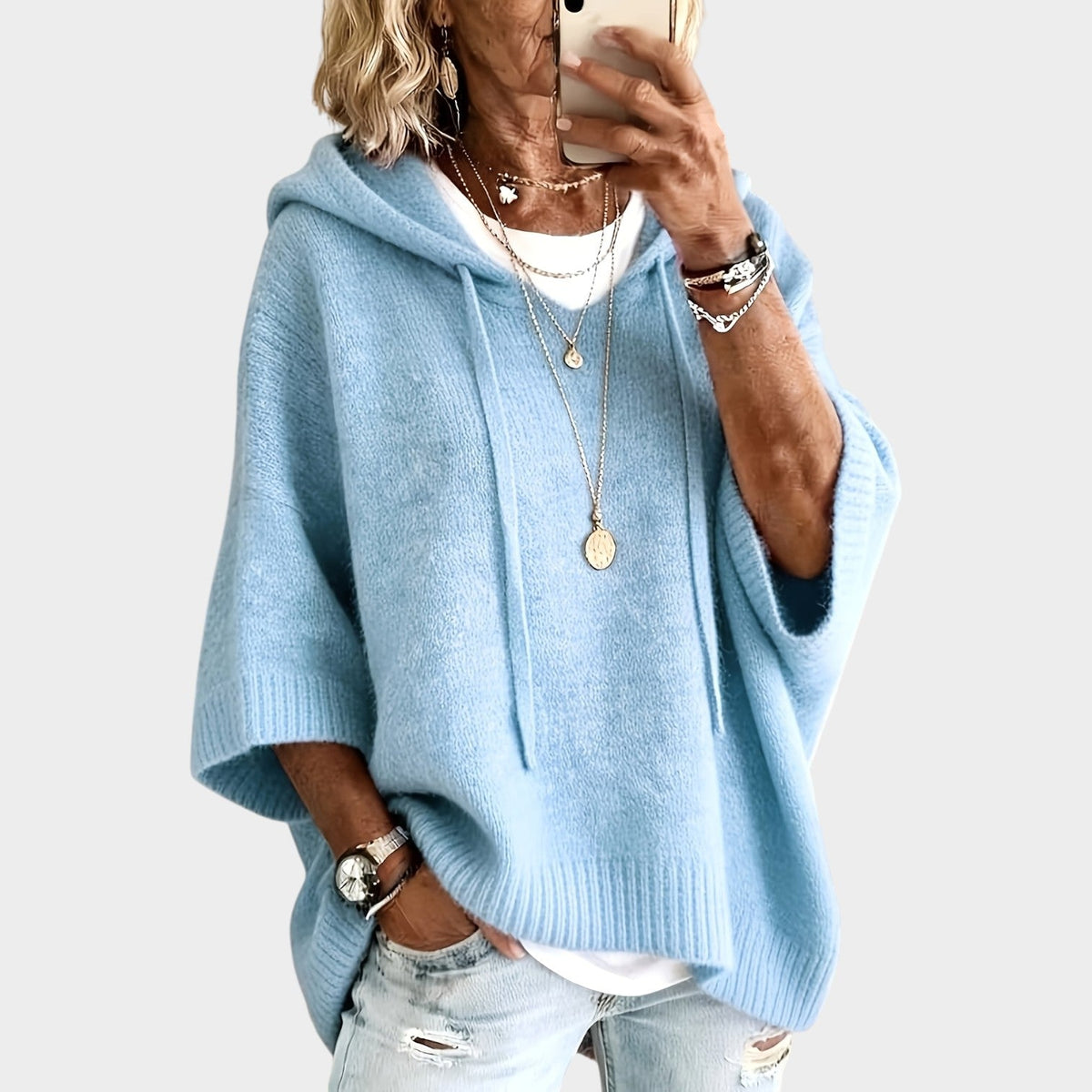 Women’s Hooded Knit Sweater with Batwing Sleeves
